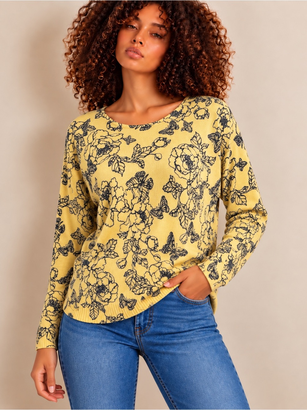 J.Jill Women’s Yellow Floral Butterfly Knit Sweater Long Sleeve M Petite
